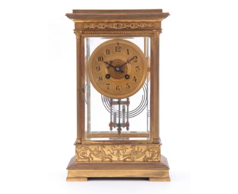 A LATE 19th CENTURY FRENCH GILT BRASS FOUR-GLASS MANTEL CLOCK the case with applied scroll-work, foliate and griffin decorati