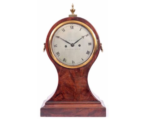 R GREEN EDINBURGH A LATE GEORGE III FIGURED MAHOGANY BALLOON SHAPED BRACKET CLOCK with gilt brass side handles and urn finial