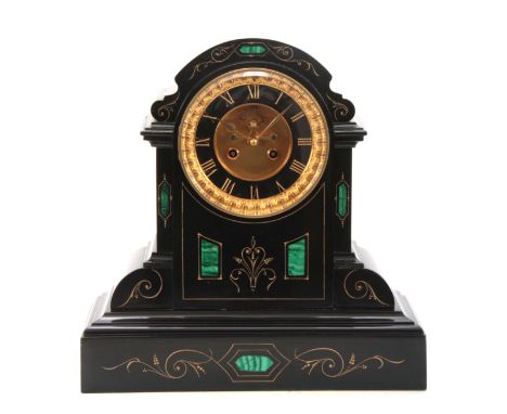 A GOOD 19TH CENTURY BLACK SLATE AND MALACHITE PANELLED MANTEL CLOCK with scratch carved gilt floral spray decoration; the pla