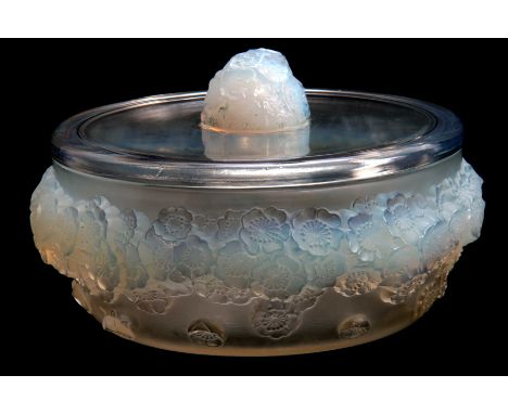 R. LALIQUE. FRANCE  A GOOD EARLY 20TH CENTURY LARGE OPALESCENT BOWL AND COVER "PRIMEVERES" with pronounced relief moulded flo