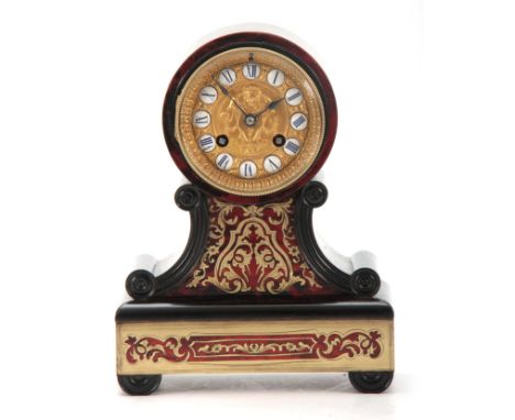 A 19TH CENTURY FRENCH EBONIZED AND BOULLEWORK MANTEL CLOCK with a platform base and scrolled sides beneath a drum top case en