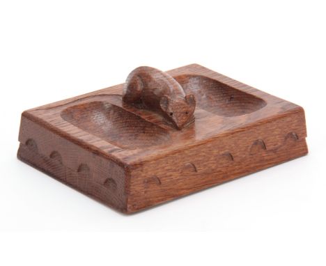 AN EARLY ROBERT MOUSEMAN THOMPSON OAK PIN TRAY of rectangular form with arcaded moulded edge and carved mouse trademark betwe