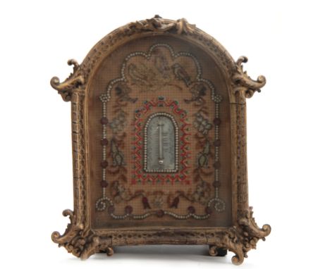A LATE 19th CENTURY EMBROIDERED TAPESTRY WALL MOUNTED THERMOMETER with beaded border and calibrated mother-of-pearl thermomet