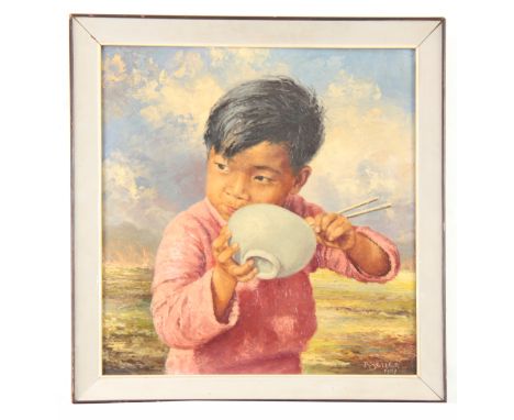 R BELLER - ORIENTAL SCHOOL OIL ON CANVAS portrait of a child eating from a rice bowl 41cm high,39cm wide -signed and dated 19