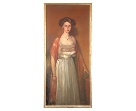 AN EARLY 20TH CENTURY OIL ON CANVAS STANDING PORTRAIT OF A YOUNG LADY 148cm high 64cm wide - in a gilt slip