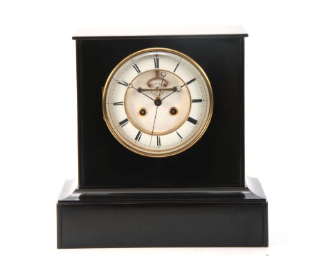 A 19TH CENTURY FRENCH LARGE BLACK SLATE MANTEL CLOCK with platform base and white enamel dial with Roman numerals enclosing a