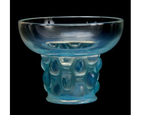 A R LALIQUE BEUTRELLIS GLASS OPALESCENT VASE WITH BLUE STAINING having a dished top and narrow base decorated with stylised r