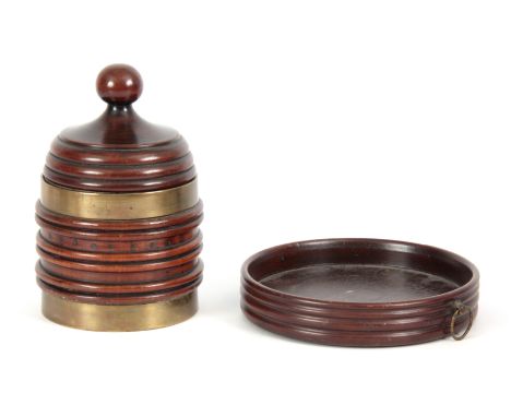 A LATE GEORGIAN BRASS BOUND RIBBED MAHOGANY TOBACCO JAR of conical shape with ball finial to the lid 18cms high. Together  wi