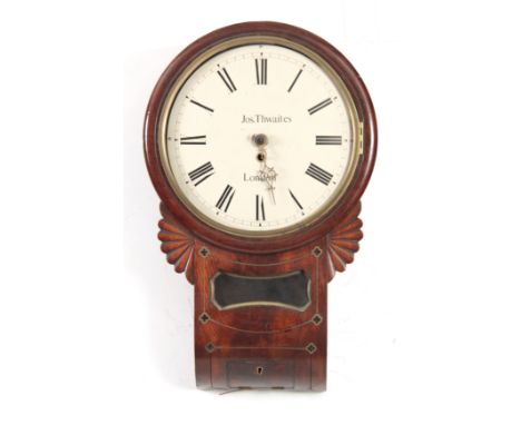JOS. THWAITES, LONDON. A 19TH CENTURY FLAMED MAHOGANY DROP DIAL FUSEE WALL CLOCK with brass inlaid stringing and shaped pendu