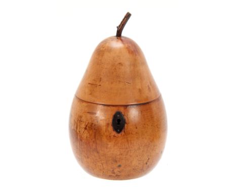 A GEORGE III PEAR SHAPED TEA CADDY with hinged lid and revealing a tin lined interior, mounted with a naturalistic stork - tr
