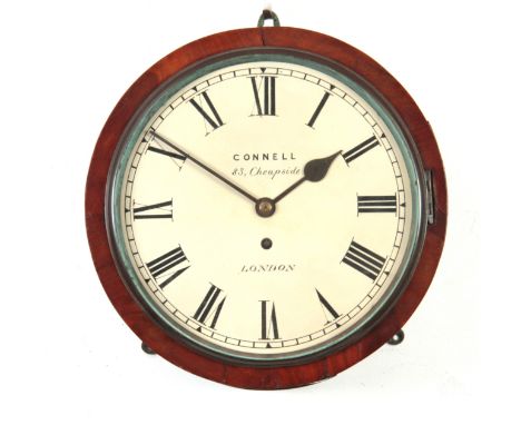 CONNELL, 83, CHEAPSIDE, LONDON. A MID 19th CENTURY 10" DIAL FUSEE WALL CLOCK having a figured mahogany drum style case with c