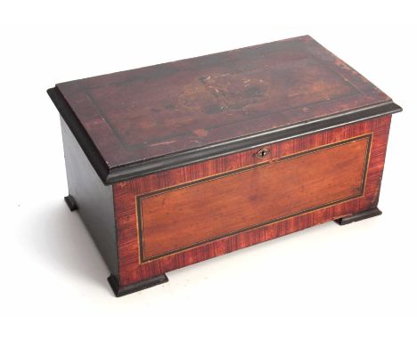 A LATE 19th CENTURY SWISS CYLINDER MUSIC BOX the case with simulated rosewood and inlaid decoration, the hinged lid with a pi
