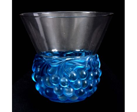 A R LALIQUE 'CERISES' CLEAR AND FROSTED BLUE GLASS VASE with angled rim above a continuous band of cherries, signed to the un