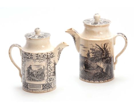 TWO 19TH CENTURY CREAMWARE COFFEE CANS transfer printed with hunting scenes 19cm and 17cm high (2).