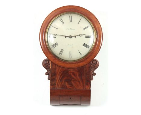 JOHN HARRISON, LIVERPOOL. A MID 19th CENTURY FIGURED MAHOGANY DROP DIAL WALL CLOCK the case having a moulded surround above a