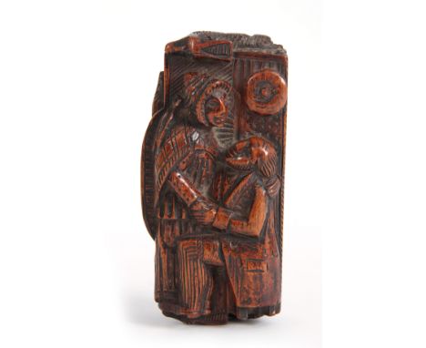 A 19th CENTURY SCOTTISH CARVED 'BLINDMAN' TABLE SNUFF BOX the sides carved with a fox and goats, the hinged lid carved with a