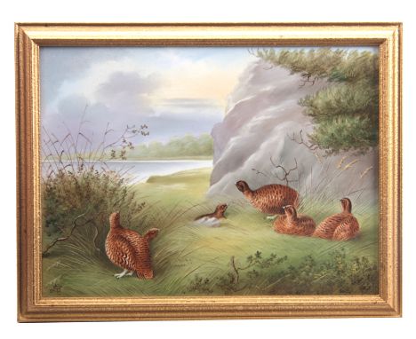 AN EARLY 20TH CENTURY PORCELAIN PLAQUE depicting Grouse nesting, possibly Derby initialled in the bottom left corner - with a