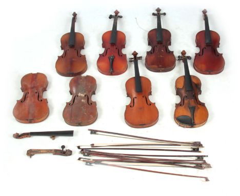 A COLLECTION OF 8 VIOLINS, VIOLIN PARTS AND 9 VIOLIN BOWS including one branded Klotz below the button. Length of back 36.2cm