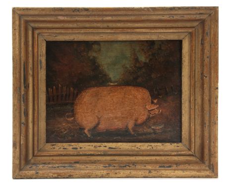 A 19TH CENTURY NAIVE PAINTED OIL ON CANVAS OF A POT BELLIED PIG the bucket signed K G T, the canvas stamped Reeves &amp; Sons