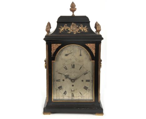 SAMUEL TOULMIN, STRAND, LONDON. A FINE GEORGE III EBONISED AND ORMOLU MOUNTED BRACKET CLOCK the classic bell top pediment wit