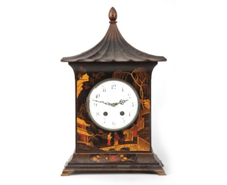 AN EARLY 20th CENTURY CHINOISERIE LACQUERED MANTEL CLOCK with pagoda-style top above a 5.5" enamel convex dial with Arabic nu