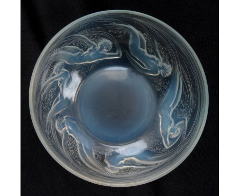 AN R, LALIQUE ONDINES GLASS BOWL with a band of nude ladies, signed with impressed mark R. Lalique 21cm diameter 7.5cm high.