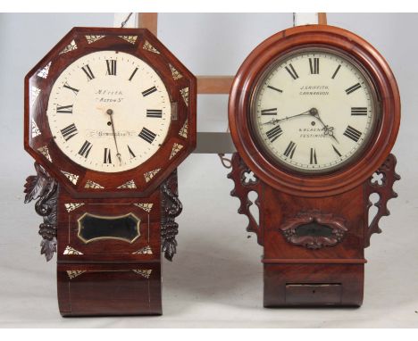 TWO MID 19th CENTURY DROP DIAL FUSEE WALL CLOCKS the figured mahogany clock signed J. Griffith, Carnarvon having a moulded su