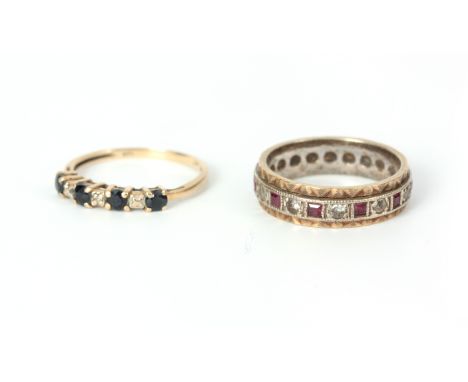 A LADIES 9CT GOLD RUBY AND DIAMOND SET ETERNITY RING app.3.6g, together with a 9CT GOLD SAPHIRE AND DIAMOND SET RING app.1.2g