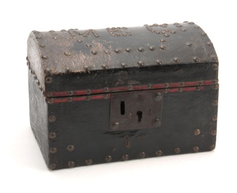 AN EARLY 18TH CENTURY DOME TOPPED LEATHER BOUND AND BRASS STUDDED TRUNK of small proportions initialled M E C to the top, hav
