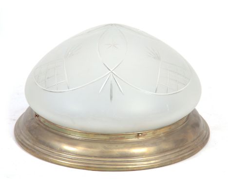 A 20TH CENTURY FROSTED CUT GLASS LIGHT FITTING WITH A MOULDED BRASS RIM - 44cm diameter