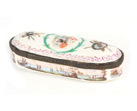 AN 18TH / EARLY 19TH CENTURY SHAPED RECTANGULAR CONTINENTAL PORCELAIN BOX with star work  gilt brass mounted hinged lid enclo