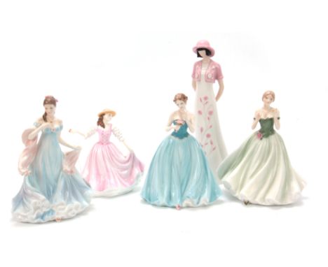 FIVE PORCELAIN FIGURES OF LADIES, one limited edition by Coalport "Dearest Rose" with certificate 22cm high. The other by Roy