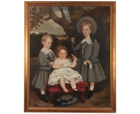 EDMOND GILL 1820 - 1894. AN AMERICAN PRIMITIVE SCHOOL FAMILY PORTRAIT OIL ON CANVAS  of 3 children 126cm high, 120cm wide - r