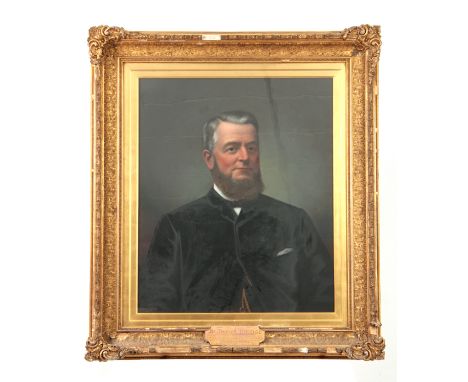 A LATE 19TH CENTURY PASTEL PORTRAIT OF A GENTLEMAN having a presentation plaque stating the sitter's name Mr Thomas Bridge - 