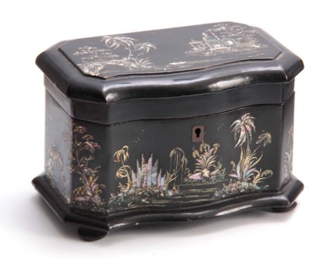 A 19TH CENTURY EBONISED SERPENTINE SHAPED TEA CADDY DECORATED WITH MOTHER OF PEARL ORIENTAL SCENES the hinged lid revealing t