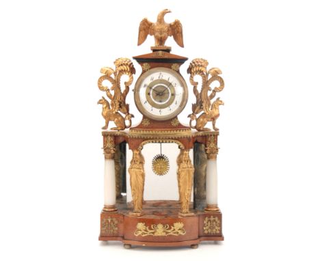 AN IMPRESSIVE 19TH CENTURY AUSTRIAN GILT METAL MOUNTED BURR VENEERED THREE TRAIN QUARTER STRIKING PORTICO CLOCK the shaped bo