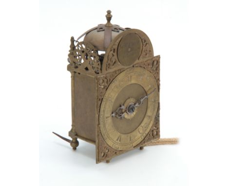 GEORGE CLARKE, LONDON. A GEORGE III MINIATURE LANTERN CLOCK the 5" brass arched dial with crescent spandrels and engraved Tur