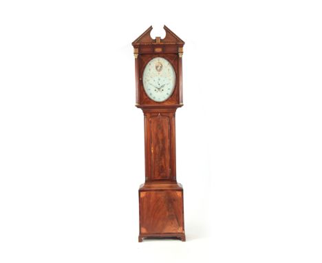 JOSEPH FURNASS. NORTH SHORE. A LATE GEORGE III FIGURED MAHOGANY INLAID OVAL DIAL LONGCASE CLOCK having an architectural pedim