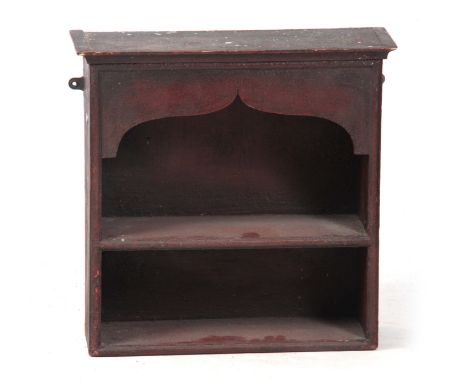 AN 18TH CENTURY SCUMBLED PINE HANGING SHELF with moulded cornice and shaped apron, 49cm wide 49cm high 17cm deep.