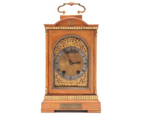 A LATE 19th CENTURY SATINWOOD QUARTER CHIMING BRACKET CLOCK having a breakfront pediment surmounted by a gilt brass handle ab