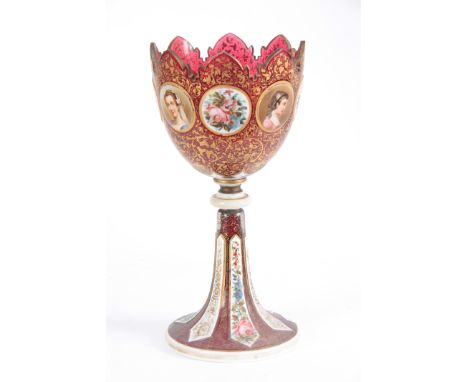 A 19TH CENTURY BOHEMIAN RUBY AND WHITE OVERLAY GLASS ENAMELLED GOBLET decorated with enamelled portrait panels of young girls