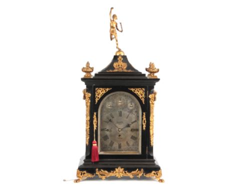 A LATE 19th CENTURY EBONISED EIGHT BELL QUARTER CHIMING BRACKET CLOCK the case with pagoda top pediment surmounted by Hermes 