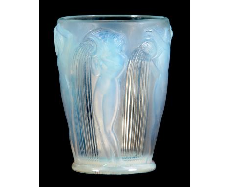 AN R, LALIQUE DANAIDES OPALESCENT GLASS VASE decorated with nude ladies pouring water urns, signed with hand-etched mark R. L