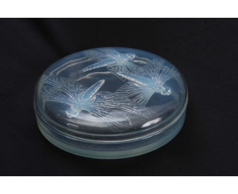 AN R, LALIQUE LIBELLUBLES OPALESCENT GLASS JAR AND COVER decorated with Dragon Flies to the lid, signed with impressed mark t