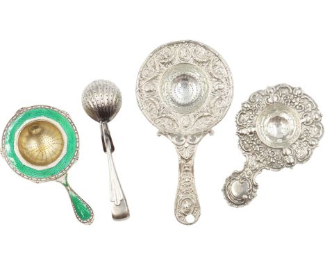 Continental Silver Tea Strainers 7.4 ozt 1 With Green Enamal has Minor Loss Size: 3 1/2 x 7 in. 1710