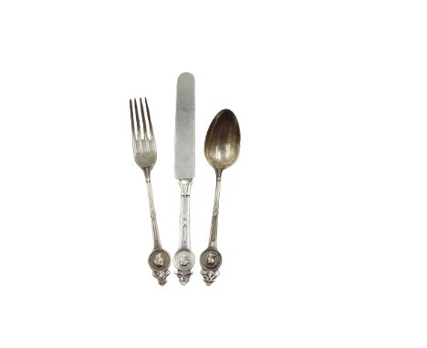 Three elegantly ornate "medallion pattern" Sterling utensils: one knife, fork &amp; spoon. Monogrammed verso end of handle.Si