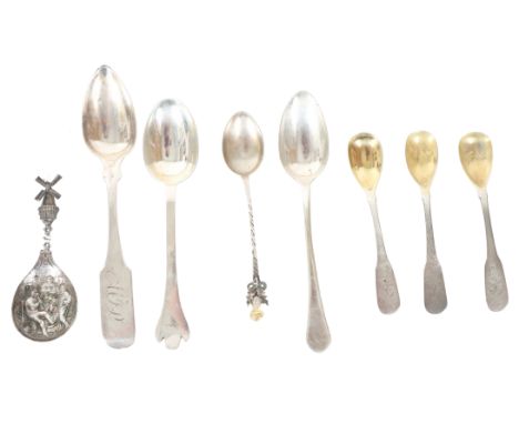 (8) Continental &amp; American Sterling Spoons 4.1ozt Consisting of Various sizes and makers Including: 1 English Dog Eared S
