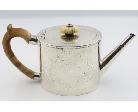 18C English Sterling Silver Teapot 15 ozt Circa 1777 Charles Wright Size: 9 1/2 x 3 1/2 x 5 in.