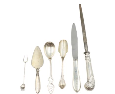 (6) American &amp; Continental Sterling Servers 3.4ozt Cheese Servers, Knife Sharpener, Knife, Condiment Fork Size: 12 1/2 in