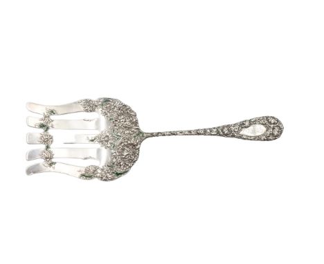 Elaborate Sterling Serving Fork with Floral Relief and Unique Flattened Tines. Approx. 5.0 ozt Size: 3 1/2 x 9 3/4 in.